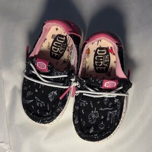Hey Dude Kids Black Canvas Slip-Ons with Pink Trim and Printed Insole